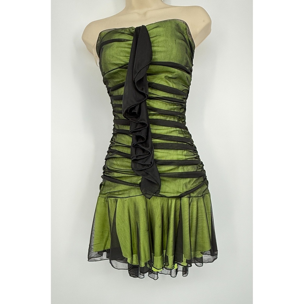 Y2K Green Ruched Mini Dress Fairy Grunge Coquette Goth Club XS